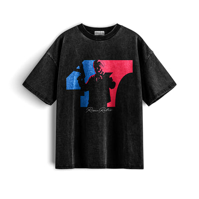 47 SMW  Acid Wash X RisenRetro Oversized Heavyweight 240GSM T-Shirt displayed in black with a colorful graphic.