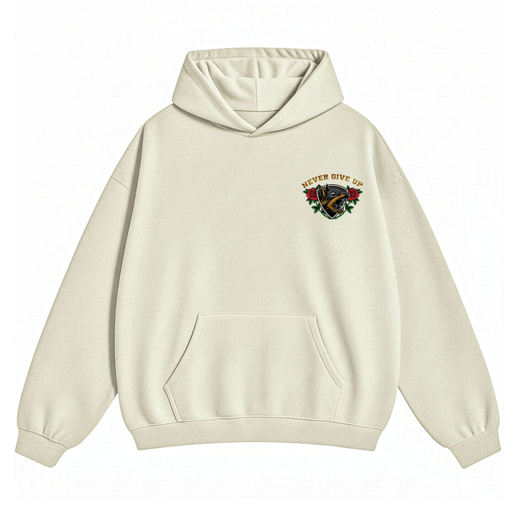 Doberman Never Give Up OFFWHITE X RisenRetro Oversized Heavy 350GSM Hoodie - risenretro