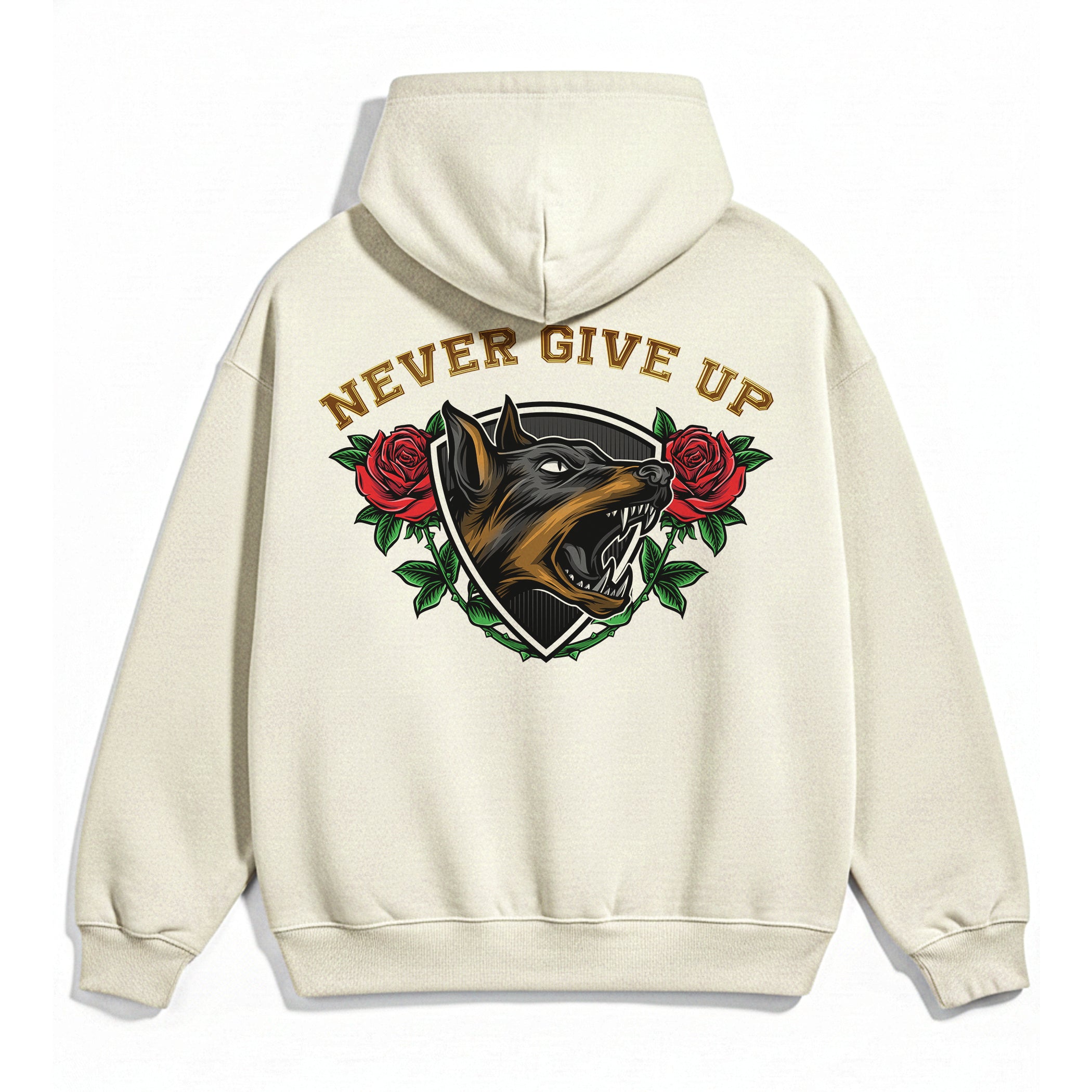 Doberman Never Give Up OFFWHITE X RisenRetro Oversized Heavy 350GSM Hoodie - risenretro