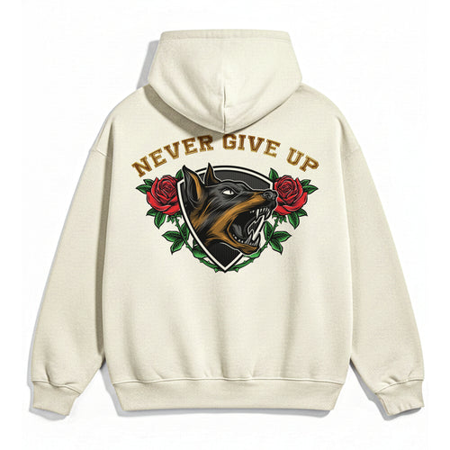 Doberman Never Give Up OFFWHITE X RisenRetro Oversized Heavy 350GSM Hoodie - risenretro