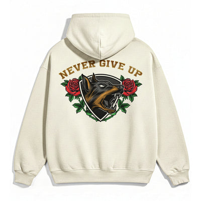 Doberman Never Give Up OFFWHITE X RisenRetro Oversized Heavy 350GSM Hoodie - risenretro