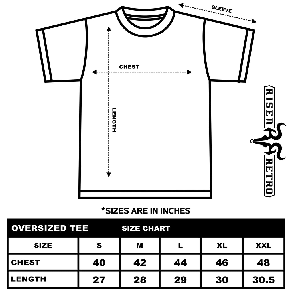 WayMaker Desaturated AcidWashed Oversized Cotton T-Shirt size chart with measurements for S, M, L, XL, and XXL.