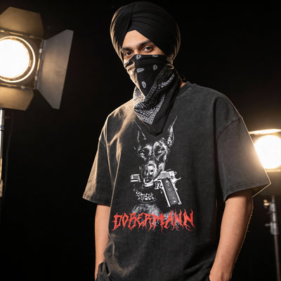 Dobermann Acid Wash X RisenRetro Oversized Heavyweight 240GSM T-Shirt - risenretro