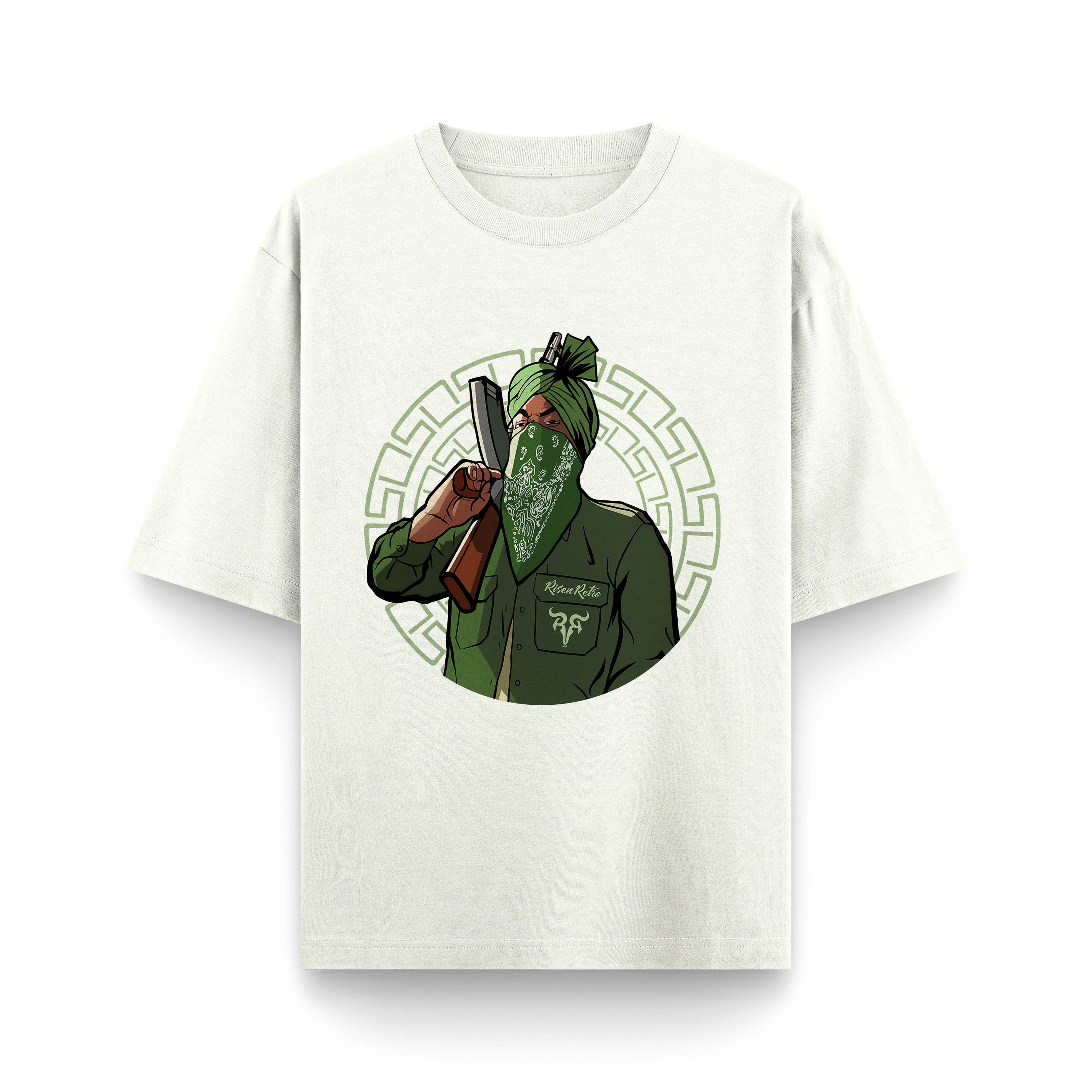 SMW OffWhite X RisenRetro Oversized Heavyweight 240GSM T-Shirt featuring a graphic of a masked figure.