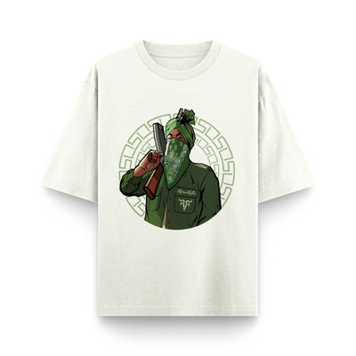 SMW OffWhite X RisenRetro Oversized Heavyweight 240GSM T-Shirt featuring a graphic of a masked figure.