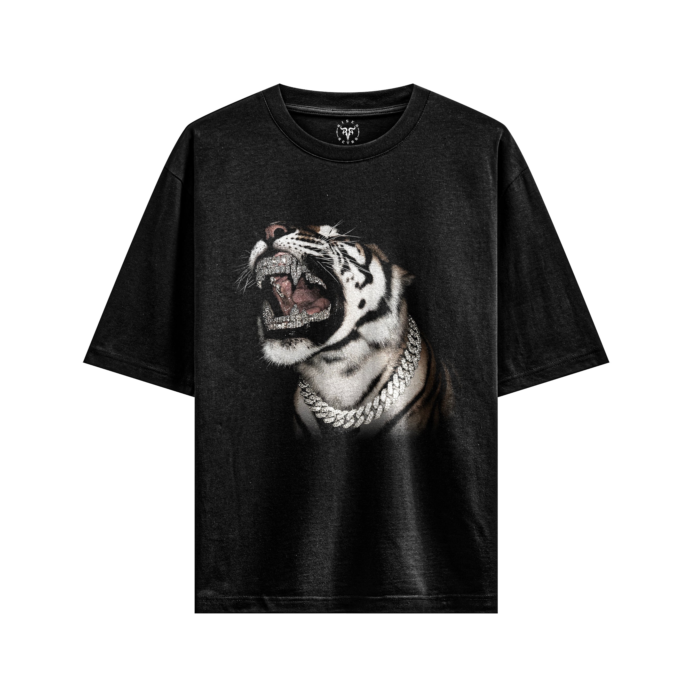 Tiger Roar X RisenRetro Black French Terry 240 GSM Oversized Tee - risenretro