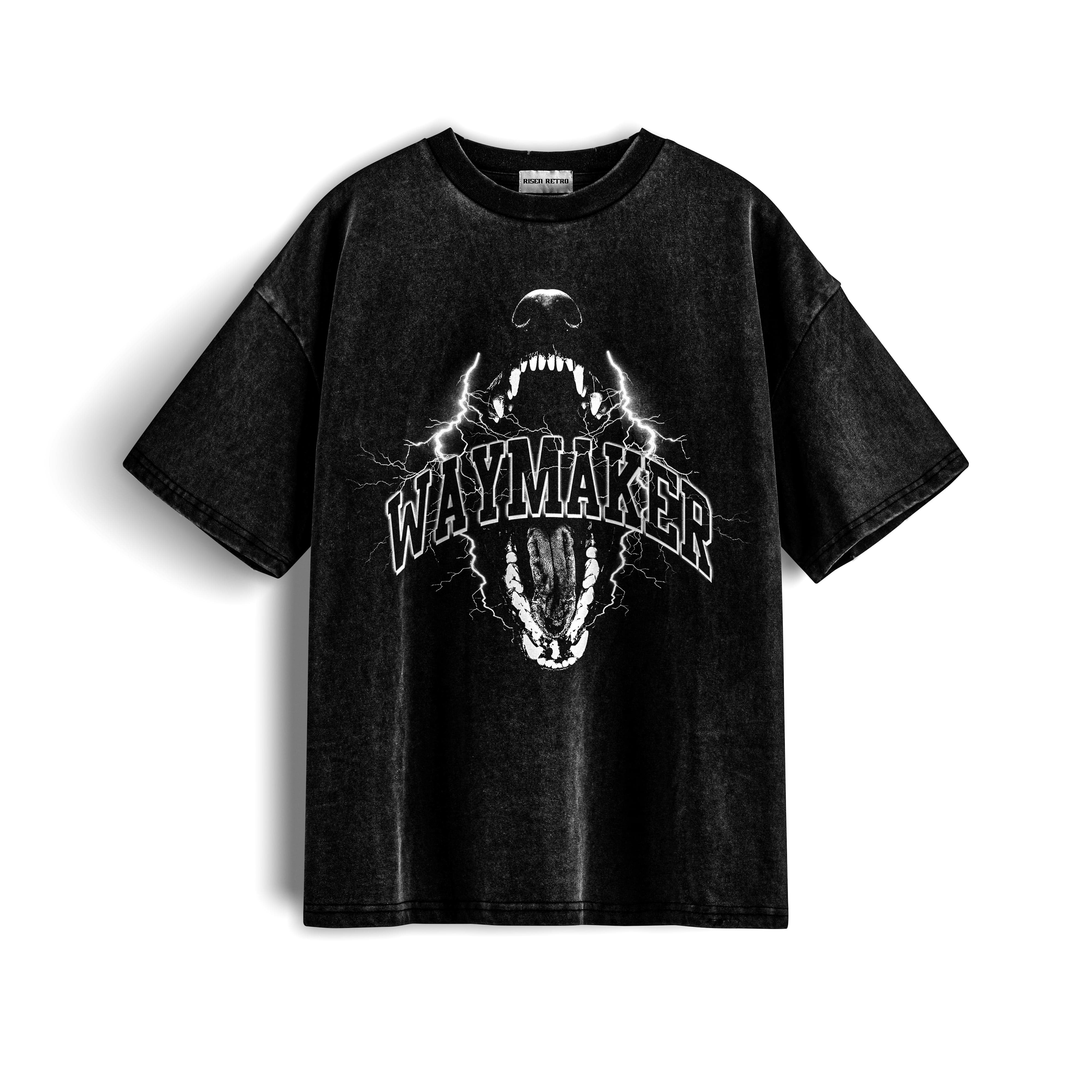 WayMaker Desaturated AcidWashed Oversized Cotton T-Shirt featuring a fierce wolf graphic and bold lettering.