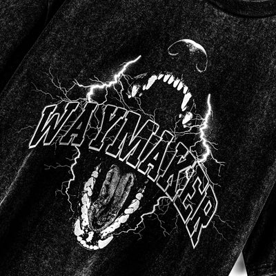 WayMaker Desaturated AcidWashed Oversized Cotton T-Shirt featuring a wolf graphic and lightning design.